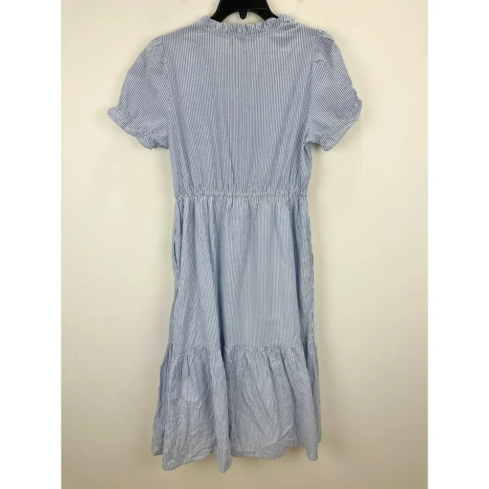 J.Crew Striped Ruffleneck Puff Sleeve Midi Dress Cotton White Blue US 8 NWT